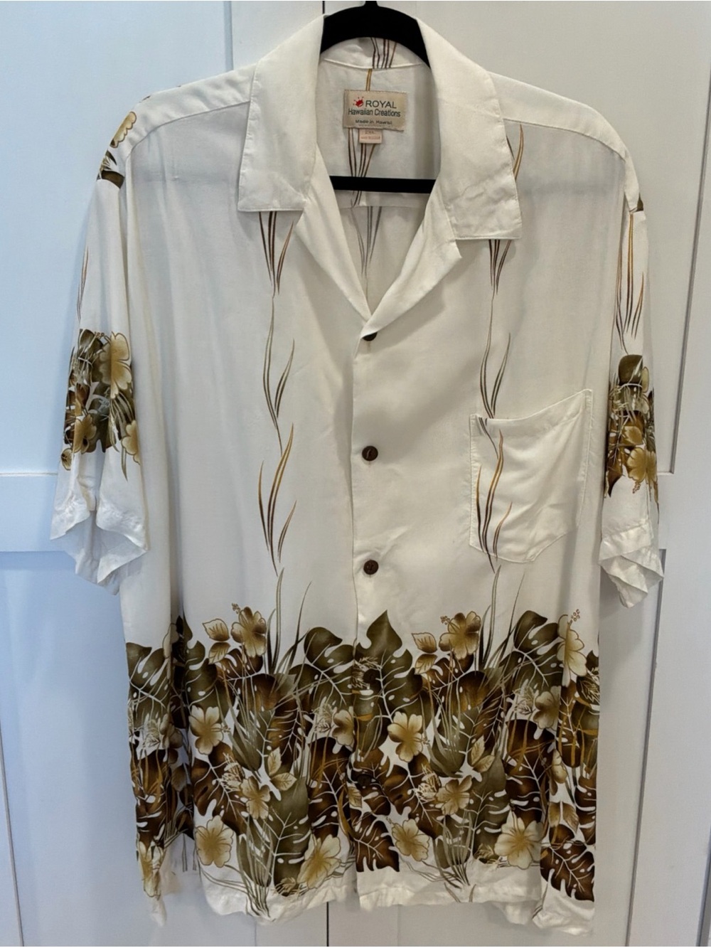 VTG Royal Caribbean Hawaiian Button Shirt Size XXL Cream Palm Trees Cruisewear